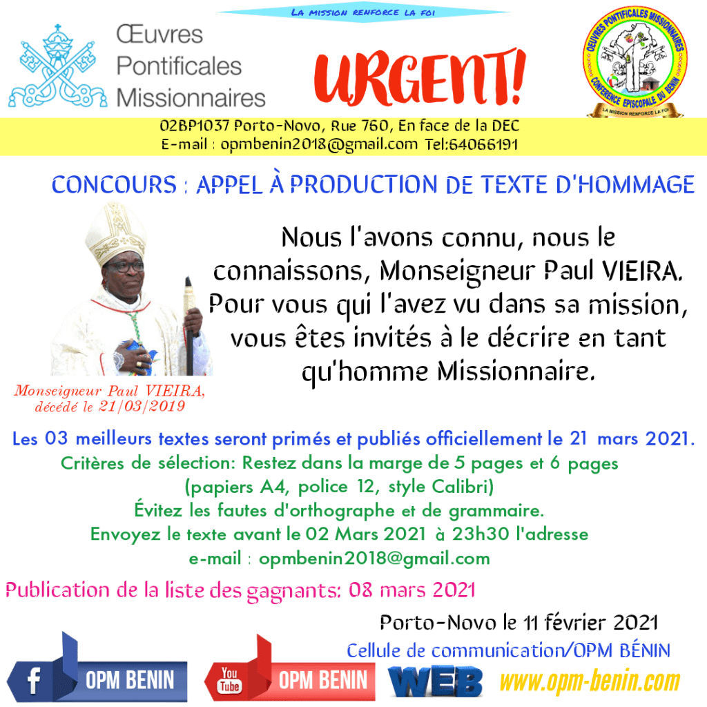 APPEL À PRODUCTION DE TEXTE D&rsquo;HOMMAGE SUR MONSEIGNEUR PAUL&nbsp;VIEIRA