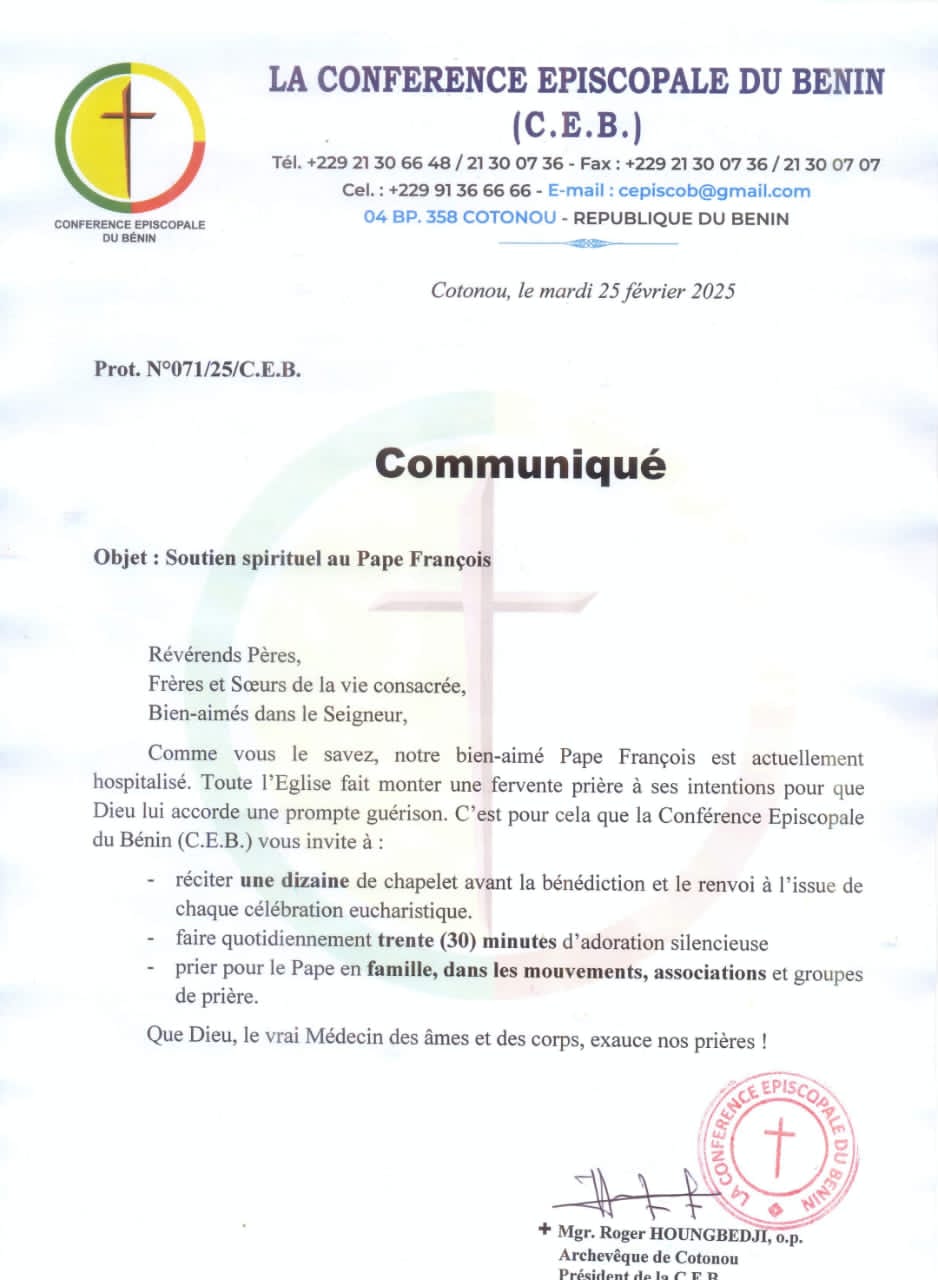 La Conférence Épiscopale du Bénin appelle à la prière pour le Pape&nbsp;François