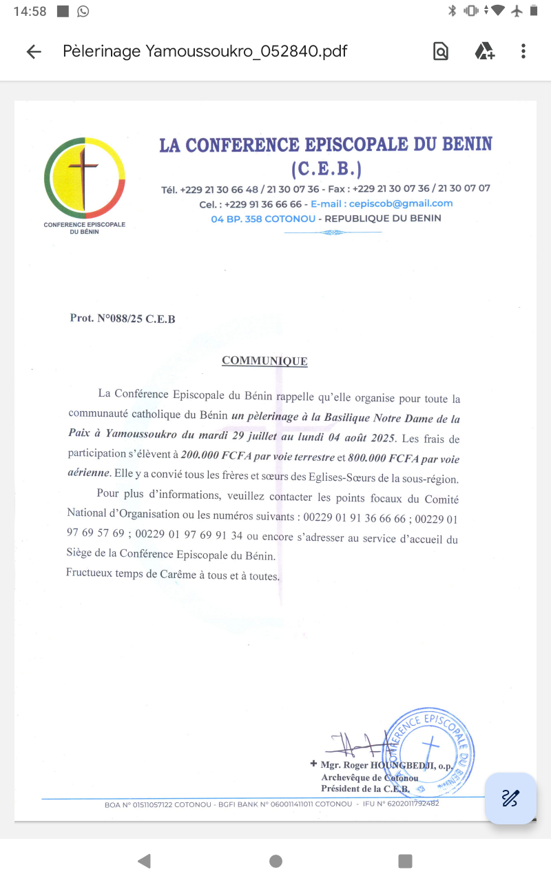 Pèlerinage des fidèles catholiques Béninois en Côte d’Ivoire : La Conférence Épiscopale du Bénin invite les fidèles à l’inscription